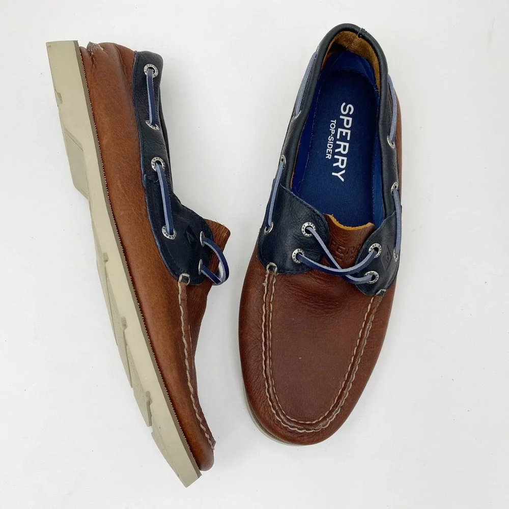 Sperry Leeward Cross Lace Leather Boat Shoe Loafer Mens 9.5M Brown Navy STS21328